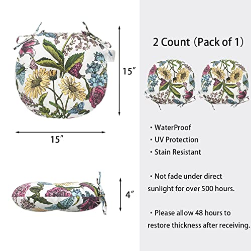 Bistro Chair Cushions 15 inch,Set of 2,Tufted Round Chair Cushions with Ties,15"x15"x4",Water Resistant Round Seat Cushion for Barstool Chairs,Patio Garden Kitchen Outdoor Furniture(Butterfly Flower) - color: Butterfly Flower, size: 15"x15"