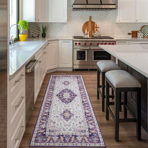 Amearea Vintage Design Area Rugs for Living Room, 2x6 Machine Washable Floral Collection Traditional Bedroom Rug, Low Pile Cute Kids Room Print Carpet, No Slip Office Kitchen Home Decor, Purple - color: Purple, size: 2' X 6' (Runner)