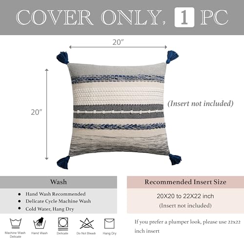 BlissBlush Navy Dark Blue Decorative Throw Pillow Cover 20x20 Square Boho Accent Pillowcase Tassels Farmhouse Cushion for Couch Sofa Bedroom Living Room Home Décor Cover ONLY - color: Dark Blue, size: 20" x 20" (Pack of 1)