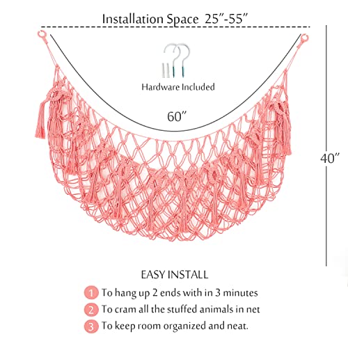 Large Stuffed Animal Net or Hammock for Flat Wall Mounted Handmade Macrame Toy Hammock Plush Display (Pink) - color: pink, size: 60" W