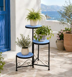 3 Tier Mosaic Ceramic Top Plant Stand, Foldable Wrought Iron Flower Pot Holder, No Assembly Required Space Saving Plant Shelf for Indoor Outdoor Patio Garden Balcony Decor