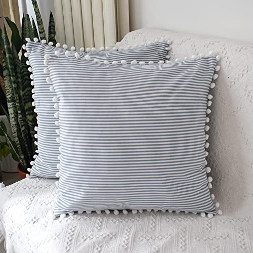 HOPLEE Decorative Blue Stripe Pillow Covers 16x16 Farmhouse Pom Pom Pillows Covers for Home Decor Set of 2 - color: Blue Stripe Pom, size: 16" x 16" (Pack of 2)