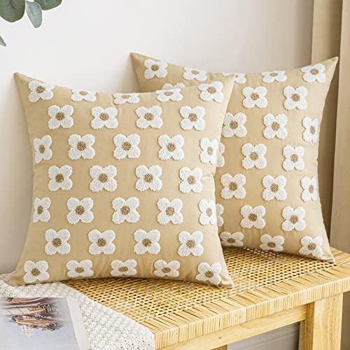 EMEMA Decorative Throw Pillow Covers Daisy Sun Flower Jacquard Pillowcase Cushion Case Square for Couch Sofa Bed Living Room Bedroom Set of 2, 18x18 Inch, Khaki - color: A-khaki, size: 18" x 18" (Pack of 2)
