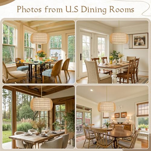 23 inch Natural 5 Light Rattan Chandelier Rattan Farmhouse Light Fixture Woven Pendant Lights Fabric Shade Boho Chandelier for Kitchen Dinning Room - color: 23"-Natural-Drum