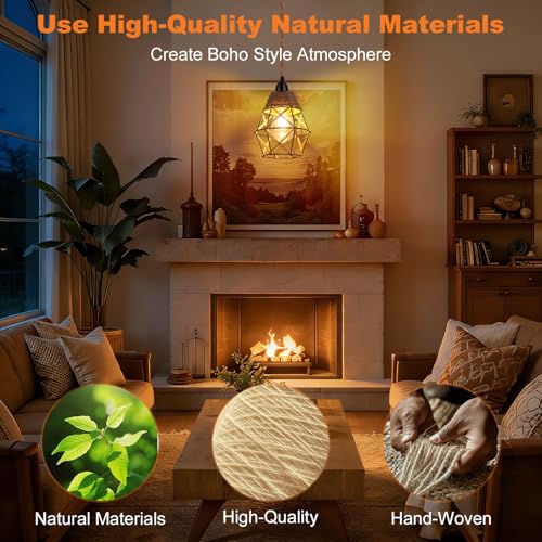 FRIDEKO HOME Farmhouse Rustic Plug in Pendant Light - Rattan Hanging Lamp with Plug in Cord 15ft Pendant Light Fixture with Wicker Lampshade Boho Industrial for Bedroom Living Room Decor - color: 5-Cage Lampshade