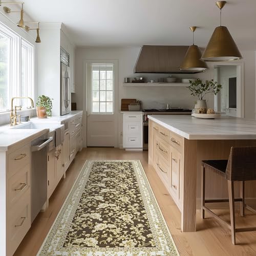 Brown Runner Rugs 2x6 for Hallway Kitchen Bedroom Beside Laundry Room Bathroom Rug Boho Modern Washable Non Slip Low Pile Stain Resistant Soft Long Carpet Mat Brown Cream Beige Floral Pattern - color: Sketch Floral Brown, size: 2' x 6' (Rectangular)