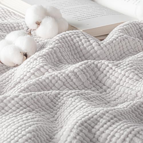 Exclusivo Mezcla 100% Cotton Muslin Throw Blanket, 4 Layers Breathable and Lightweight Gauze Blankets with Fringes for Couch, Soft, Decorative, 50"x70", Light Grey