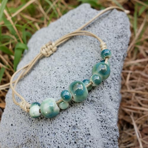 Handmade Green Boho Bracelets for Women, Bohemian Ceramic Beads Bracelets for Friends, Trendy Porcelain Stone Beaded Bracelets for Sisters - color: purple and green