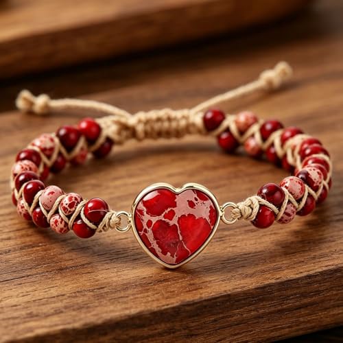Women Boho Wrap Bracelet,Handmade Natural Stone Crystal Emperor Beads Heart Bracelet, Fashion Bohemian Jewelry Gift for Women - color: Red #2