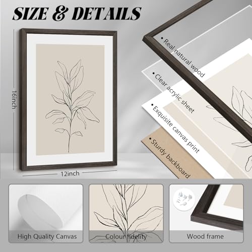 Botanical Wall Art Decor Neutral Wall Decor Boho Beige Canvas Wall Art Botanical Minimalist Pictures Neutral Prints Beige Posters Boho Artwork for Room Bedroom 12x16x3 Inch Wood Framed - color: Beige Art Framed, size: 16"L x 12"W