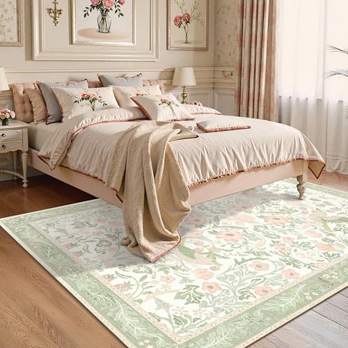 5'x7' Area Rugs Washable,Green Rug for Living Room Bedroom,Large Boho Farmhouse Bohemian Botanical Distressed Oriental Carpet Non Slip,Sage Floral Bird - color: Green Floral Bird, size: 5'x7'