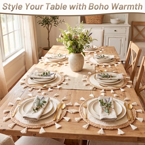 12 Pcs Round Boho Placemats 12 Inch Woven Wicker Placemat Boho Wall Basket Decor Macrame Table Mats Farmhouse Style Wall Hanging Decor for Dining Table Settings Kitchen Wedding Summer Decors