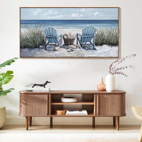 HGUAOA Coastal Wall Art - Large Landscape Wall Pictures for Living Room, Bedroom Pictures, Ocean Beach Artwork, Blue Above Bed Wall Decor Coastal Landscape Wall Art,Framed Beach Pinting - color: Blue-F, size: 48"L x 24"W