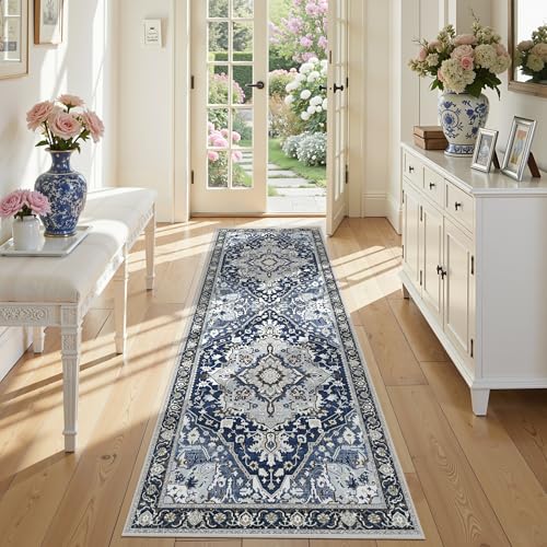 2x6 Washable Navy Blue Boho Runner Rug with Non-Slip Backing - Low Pile Farmhouse Hallway Runner for Kitchen, Bathroom, Entryway - Washable Long Indoor Carpet, Vintage Floor Mat, Navy Blue Multi - color: Navy Blue& Multi, size: 2' x 6' (Runner)