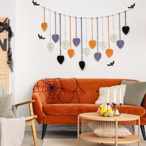 LB Fall Large Macrame Wall Hanging, Black Chic Feather with Wood Beads Boho Woven Tapestry Wall Hanging Macrame Wall Decor Handmade Purple Leaf Wall Art for Living Room Bedroom Nursery,47x30 Inch - color: Purple Orange
