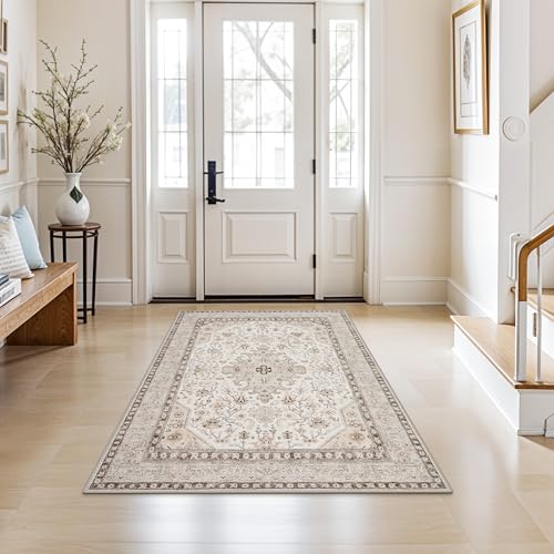 HILORUUG 4x5 Rug Entryway Washable: Non-Slip Oriental Area Rug for Bathroom Kitchen- Farmhouse Low Pile Stain Resistant Carpet Long Thin Front Door Mat (4x5 Ivory/Grey/Multi) - color: Ivory, size: 4' x 5' (Rectangular)