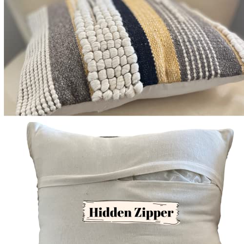 Decorative Boho-Chic Textured Throw Pillow Cover 20x20 Handwoven Pillows for Couch Wool/Cotton Moroccan Pillow for Home Decor | Made in India (Black/Gray) - color: Black Yellow Grey