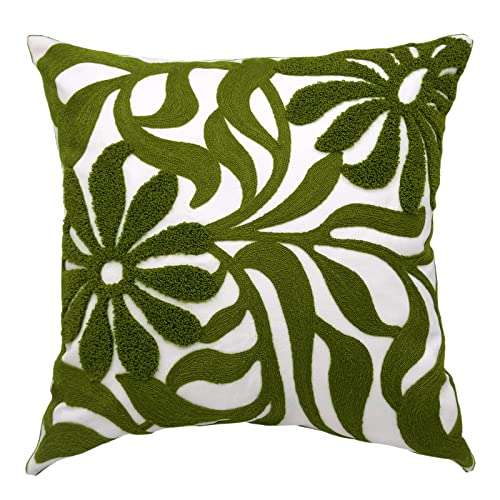 Alysheer Farmhouse Floral Leaves Embroidered Decorative Throw Pillow Cover 18x18 inches, Boho Tufted Flowers Embroidery Pattern Chic Cotton Cushion Case for Couch Bed Sofa Living Room(Olive Green) - color: Olive Green Floral, size: 18" x 18" (Pack of 1)