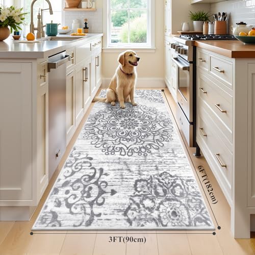 HEBE Washable Area Rug - 3'x6' Non Slip Soft Distressed Medallion Bedroom & Living Room Accent Throw Vintage Entry Floor Carpet for Dining Room & Bathroom Entryway - color: Grey, size: 3' x 6' (Rectangular)
