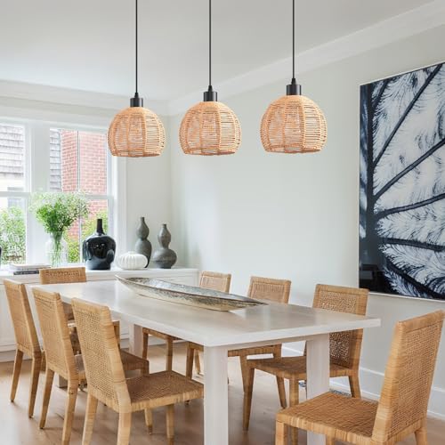 Woven Pendant Light Boho Chandelier, Rattan Pendant Lights Kitchen Island, Farmhouse Pendant Lighting with Hand Woven Wicker Shade, Boho Chandelier Light Fixtures Ceiling Hanging Light - color: 7.87" Rattan 2 Pack