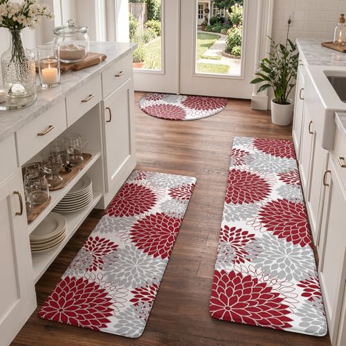 KIMODE Kitchen Mats for Floor Cushioned Anti Fatigue,Floral Farmhouse Kitchen Runner Rug Sets of 3 Non Slip,Waterproof Memory Foam Comfort Kitchen Carpet Runner Decor for Sink Laundry Bathroom,Red - color: Red, size: 18" x 28"+18" x 47"+18" x 59"-0.47 inc