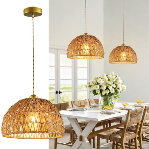 Rattan Pendant Light Fixtures, 11.6” Boho Woven Basket Pendant Light, Handmade Wicker Hanging Lamp, Rustic Wicker Chandelier for Kitchen Island, Dining Room, Living Room, Bedroom, E26 Base - color: 11.61″-Round