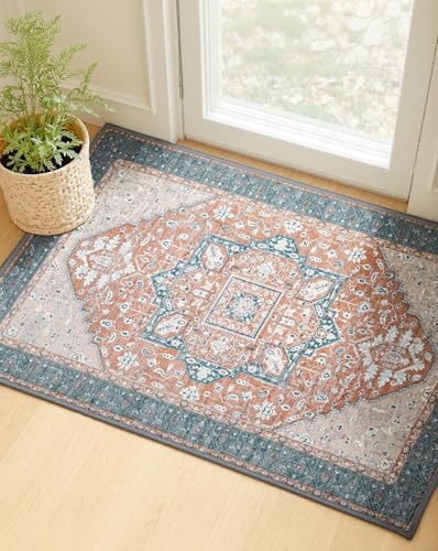 MINIDEAR 2x3 Area Rugs for Entryway, Kitchen, Washable Rug Small Rugs for Bedroom Non Slip Vintage Rug with Floral Print Carpet Mat for Home, Orange - color: Blue-orange, size: 2' x 3' (Rectangular)