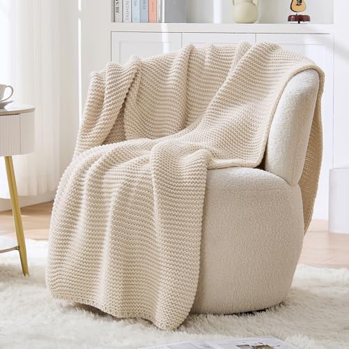 Cable Knit Throw Blanket for Couch, Beige Throw Blanket, Soft Cozy Stretchy Reversible Garter Knitted Blankets for Bed, 50"x60", Light Beige - color: Beige, size: 50"x60"
