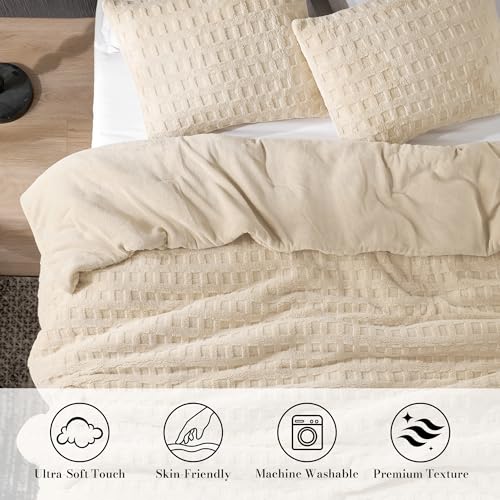 Amélie Home Waffle Textured Fleece Comforter Set King Size, Khaki Fleece Beding Set, Fluffy Plush Bedding Set ，Super Soft Warm,3 Pieces, 1 Cozy Comforter and 2 Pillowcases - color: Waffle Khaki, size: King (106"x90")