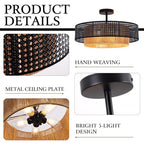 19.7" Black Bohemian Wicker Flush Mount Ceiling Light, Hand-Woven Double Layer Drum Semi-Flush Fixture for Bedroom, Living Room, Dining Room, Hallway & Kitchen - color: 19.7'' Rattan&Hemp rope Black