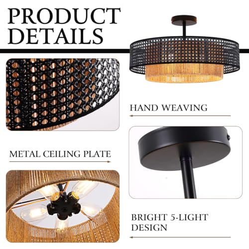 19.7" Black Bohemian Wicker Flush Mount Ceiling Light, Hand-Woven Double Layer Drum Semi-Flush Fixture for Bedroom, Living Room, Dining Room, Hallway & Kitchen - color: 19.7'' Rattan&Hemp rope Black