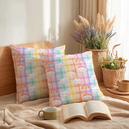 Rainbow Cloud Throw Pillow Covers 18x18 Set of 2 | Cute Pastel Cushion Cases for Couch Sofa Bed | Kawaii Decorative Pillowcases for Girls Nursery Room Decor - color: Rainbow Cloud
