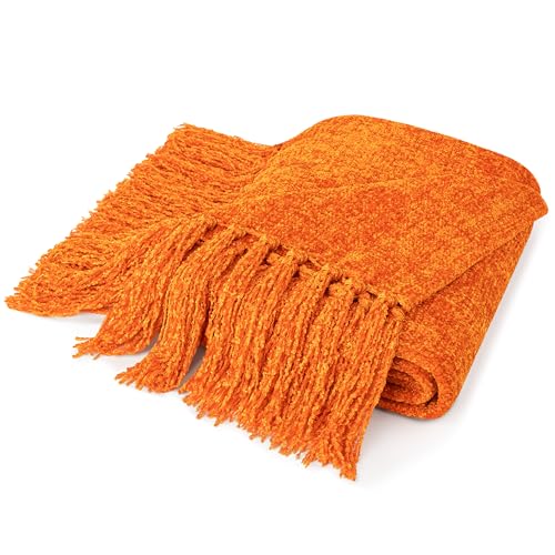 PAVILIA Orange Blanket for Couch, Twin Size Bed, Chenille Throw for Sofa Bed, Soft Knit Woven Blanket with Decorative Tassel for Living Room, Orange Twin 60x80 - color: Orange, size: 60 X 80 Inches - Twin