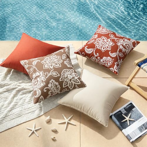 Decorative Outdoor Floral Pillow Covers Set of 2,Waterproof Boho Farmhouse Throw Pillows Summer Accent Pillowcases for Patio Furniture Garden Sofa 18x18 Inch, Coffe Brown - color: Coffe Brown