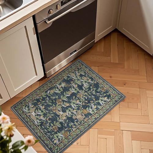 jinchan Eden Floral Area Rug 2x3 Entryway Vintage Washable Indoor Doormat Accent Rug Lightweight Soft Small Non-Slip Low Pile Distressed Blue Green Carpet for Entrance Kitchen Bedroom Bathroom - color: Eden Dark Blue, size: 2' x 3' (Rectangular)