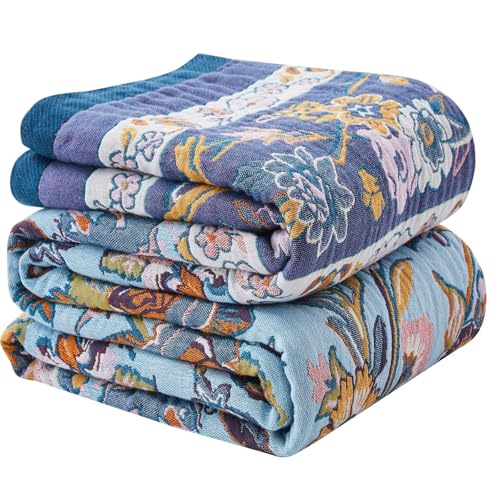 Boho Blanket Soft Muslin BohoThrow Blanket, 100% Cotton Floral Printed Farmhouse Decor All Season Reversible Rustic Throw for Sofa Couch Chair (Light Purple, 80"x90") - color: Light Purple, size: 80"x90"
