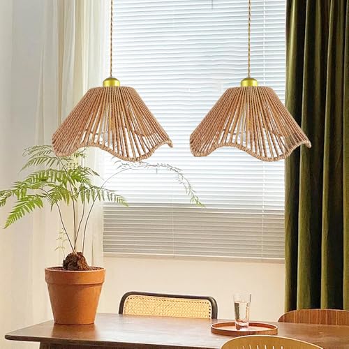 Boho Rattan Pendant Light, Shell-Shaped Boho Ceiling Lamp with Adjustable Height, E26 Lamp, Gold Finish, 12 Inch Diameter for Living Room/Bedroom/Dining Areas, cafes & entryways - color: 12” Flower shape