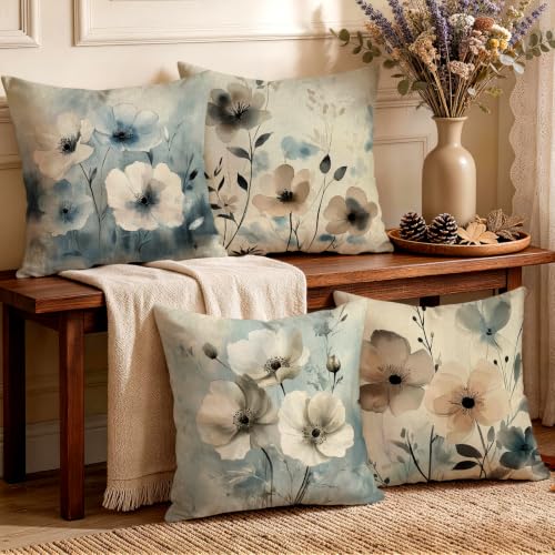 OBSEDE Elegant Blooms Throw Pillow Covers 18x18 Set of 4, Farmhouse Decor for Home Couch Sofa Living Room, Rustic Floral Decorative Cushion Cases - color: Elegant Blooms