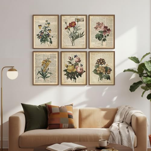 Framed Vintage Floral Wall Art, Set of 6 Colorful Flower Canvas Prints, Rustic Farmhouse Botanical Artwork for Bedroom Living Room Kitchen Dining Room Hallway Office Apartment Home Decor, 11x14 Inch - color: Retro Floral - Walnut Framed, size: 11" W x 14"