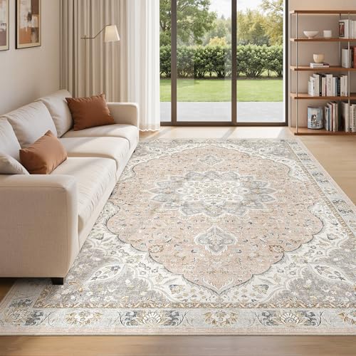 befbee 5x7 Area Rugs for Living Room,Stain Resistant Washable Rug,Non-Slip Backing Rugs for Bedroom,Kitchen,Printed Vintage Home Decor Rug (Peach/Gray, 5'x7') - color: Pink/Gray, size: 5' x 7' (Rectangular)