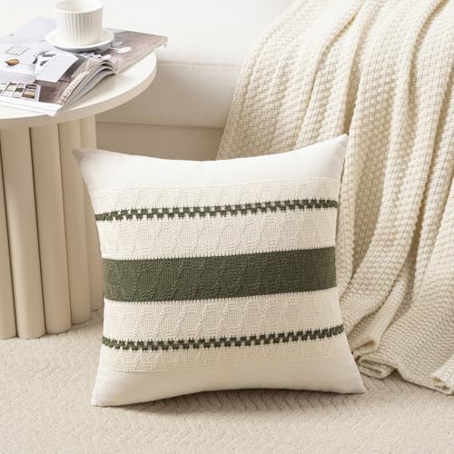 Fancy Homi Set of 2 Boho Moss Green Decorative Throw Pillow Cover 16x16 Inch for Couch Bed Sofa, Aesthetic Modern Organic Farmhouse Home Decor, Soft Cotton Cute Accent Macrame Woven Cushion Case - color: Moss Green, size: 16" x 16" (Pack of 2)