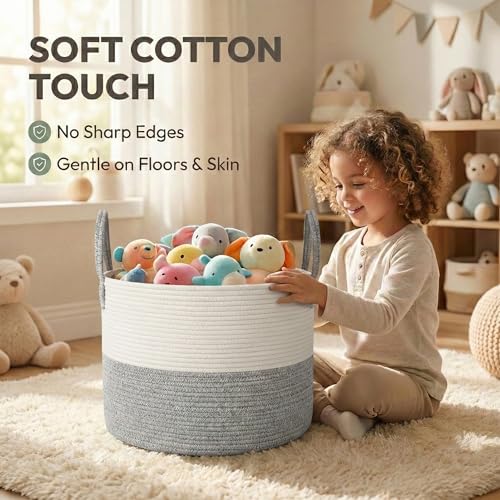 JMvicyroam 65L Extra Large Blanket Basket for Living Room - Woven Cotton Rope Laundry Hamper with Reinforced Handles - Storage Bin for Pillows, Comforters & Toys - Machine Washable,White&Grey - color: White&Grey, size: 65L