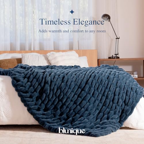 Faux Rabbit Fur Throw Blanket, Soft Plush Cozy Blanket for Couch Bed, Thick Fluffy Ruched Decorative Blanket,Giftable,60"x80",Blue - color: Blue, size: Twin(60"x80")