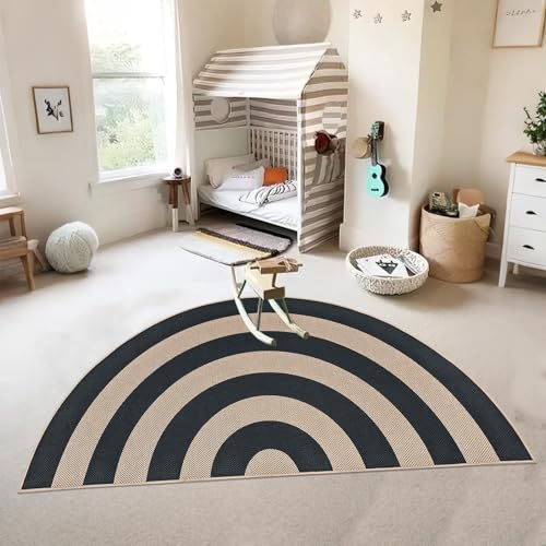 Faux Jute Rug 3x6Ft Half Circle Rainbow Doormat Easy Jute Carpet for Farmhouse Bedroom Kitchen, Non-Slip Half Round Neutral Floor Mat for Living Room Kids Room Indoor Outdoor Decor, Black 2 - color: Black 2, size: 3'x6'