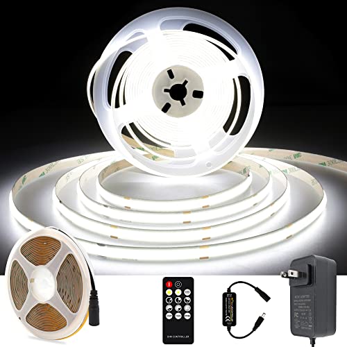 AXMOTUT White COB LED Strip Light, Dimmable 16.4ft/5m LED Light, 6000K Daylight White 2400 LEDs High Lumen LED Tape Lights CRI 90+ with RF Remote and UL Power for Bedroom,Kitchen,DIY Home Decoration - color: Daylight White 6000K, size: 16.4FT