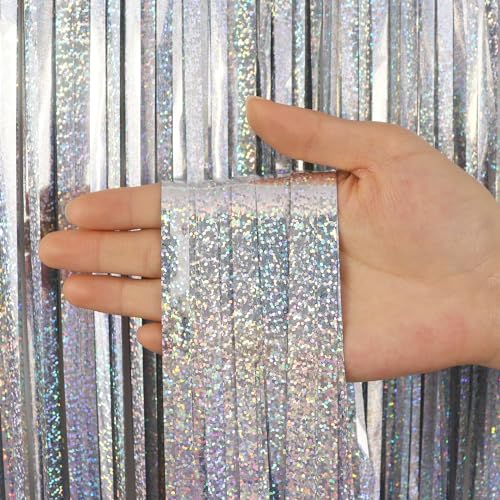 2 Pack Fringe Curtains Backdrops, Foil Fringe Curtains, Door Streamers for Birthday Wedding Bridal Shower Holiday Graduation Party Decorations, Photo Booth Backdrops, Glitter Silver - color: Glitter Silver