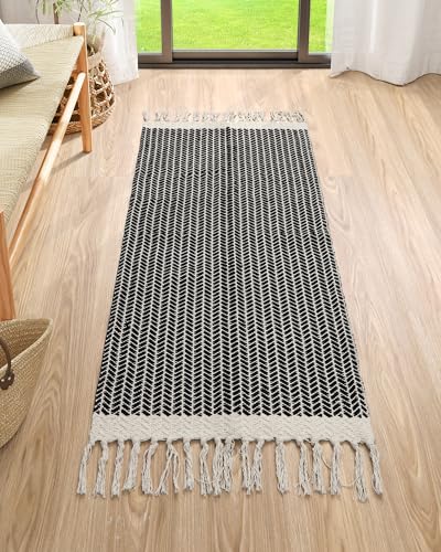 Lahome Belle Boho Kitchen Runner, 2x4.3 Bathroom Runner Rugs Lightweight Entryway Rug Woven Cotton Throw Mat with Tassels, Farmhouse Non Shedding Washable Black Low Pile Runners for Bedroom Doorway - color: Black, size: 2' x 4'3" (Runner)