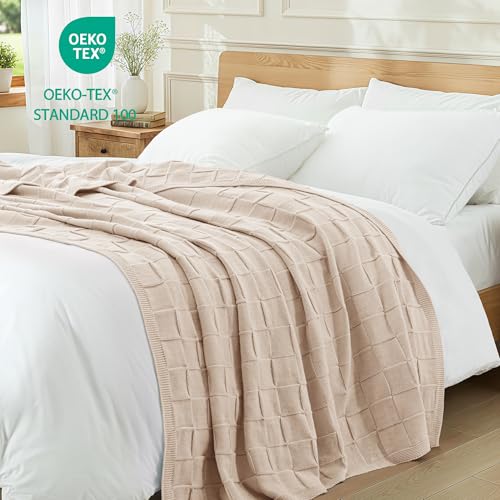 Whale Flotilla Checkered Knit Throw Blanket for Couch, Soft Decorative Knitted Blankets for Sofa Bed, Lightweight Cozy Throws for Spring Summer, 50x60 Inch, Camel - color: Camel, size: 50x60 Inch