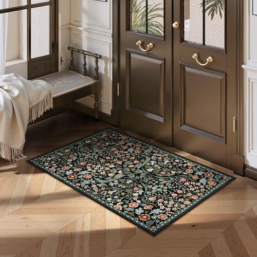 Moynesa Floral 2x3 Entryway Rug, Washable Kitchen Rugs Non Slip Front Door Mat for Indoor Entrance, Boho Ultra Thin Small Rug Soft Botanical Throw Carpet for Bathroom Bedroom, Black - color: Black, size: 2' x 3' (Rectangular)