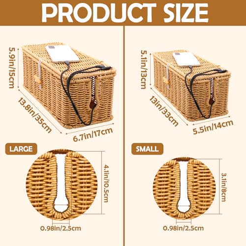 2PCS Cable Management Box, Handmade Rattan Cable Organizer, Open Slots Cords Hider Box Cord Basket Under Desk Cord Organizer for Computer Router USB Hub & Power Strip - size: 13.0" (L) x 5.5" (W) x 5.1" (H) - 2 Pack